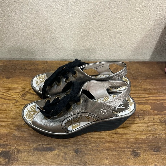 Fly London Ylva Wedge Lace-Up Mettalic Leather Sandal Shoe 38 7-7.5 Boho Grunge - Picture 4 of 11